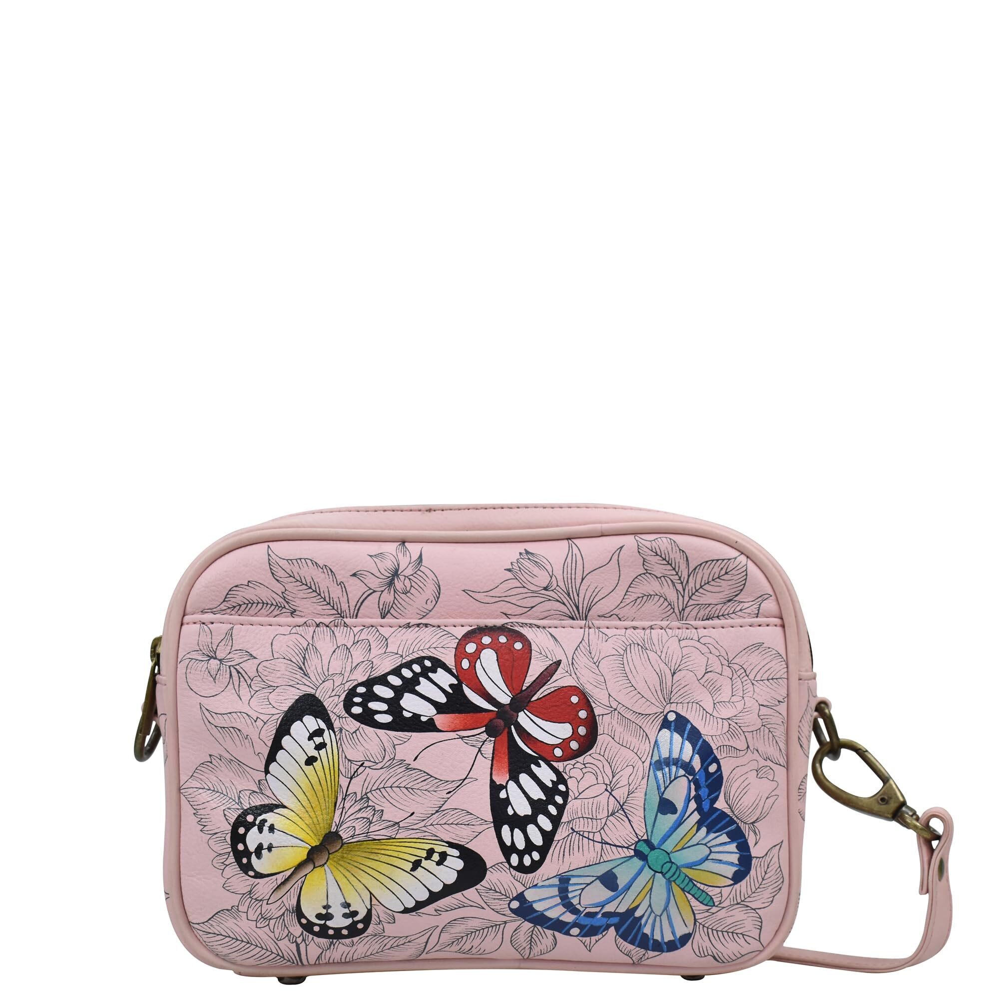 5838 Hand-Painted Leather Twin Zippered Crossbody - Butterfly Garden